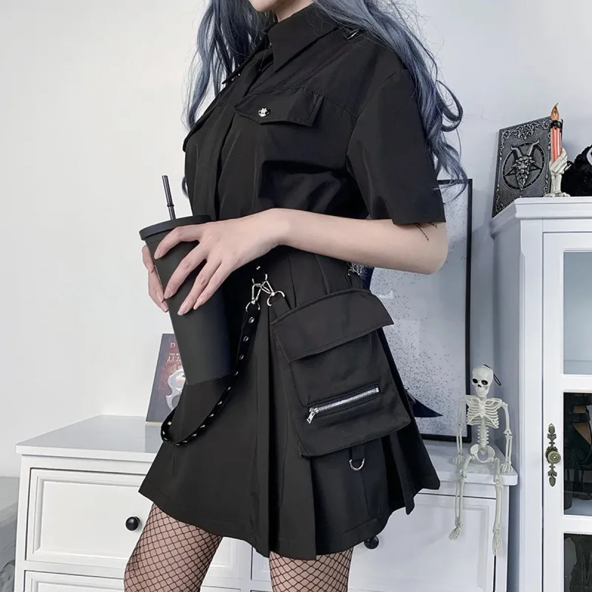 Gothic Punk High Waist Mini Skirt – Chain Straps & Utility Pockets