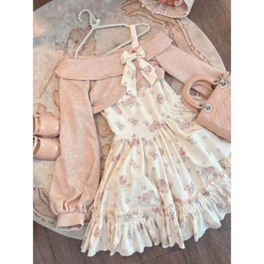 Y2K Sweet Bow Corduroy Top & Floral Dress Set